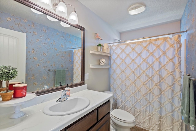 2127 Rio Grande Dr, Spanish Fork, UT 84660 - bathroom with vanity, toilet, curtained shower, and a textured ceiling