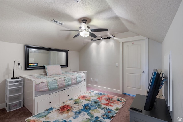 2127 Rio Grande Dr, Spanish Fork, UT 84660 - carpeted bedroom featuring lofted ceiling, a textured ceiling, baseboards, and ceiling fan