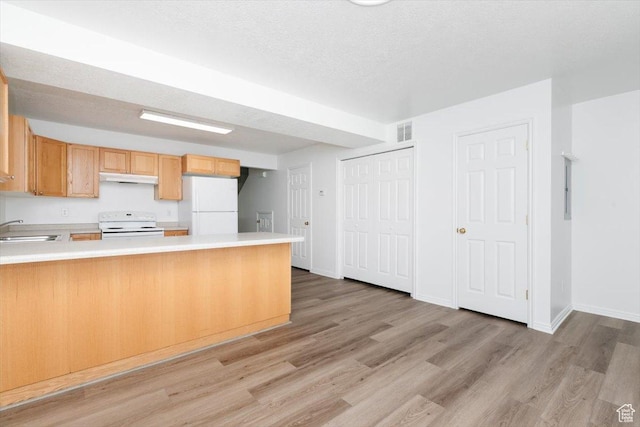 356 S 400 W, Logan, UT 84321 - kitchen featuring white appliances, under cabinet range hood, light countertops, a peninsula, and a sink
