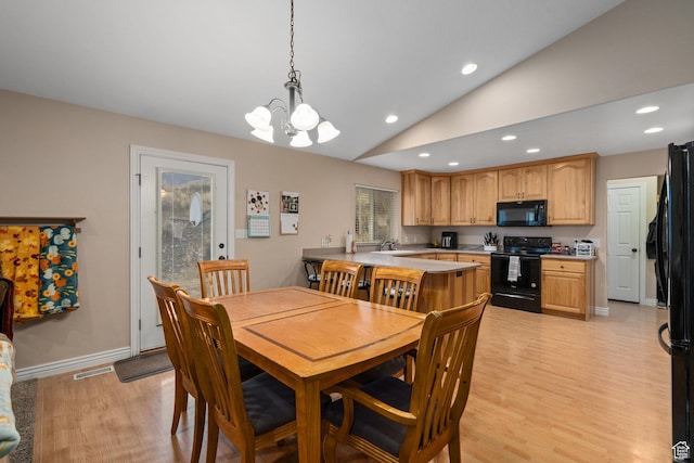3870 W Mountaintop Cir, Cedar Hills, UT 84062 - dining space featuring light wood-style flooring, recessed lighting, a chandelier, vaulted ceiling, and baseboards