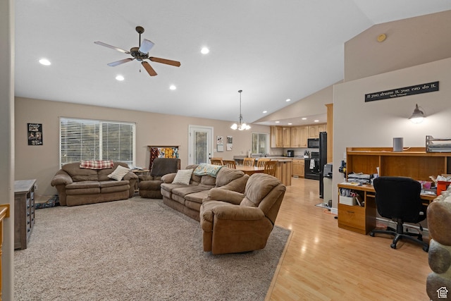 3870 W Mountaintop Cir, Cedar Hills, UT 84062 - living area featuring lofted ceiling, light wood-style floors, an office area, recessed lighting, and a ceiling fan