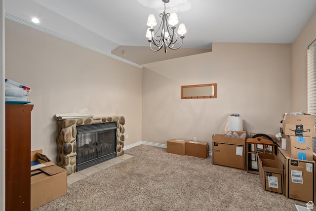 3870 W Mountaintop Cir, Cedar Hills, UT 84062 - carpeted office with a fireplace, a chandelier, vaulted ceiling, baseboards, and recessed lighting