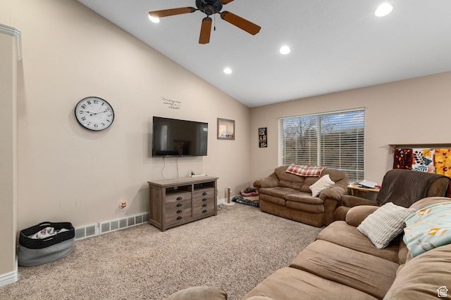 3870 W Mountaintop Cir, Cedar Hills, UT 84062 - carpeted living area with recessed lighting, ceiling fan, baseboards, and lofted ceiling