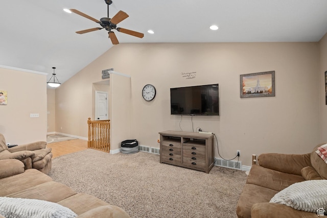 3870 W Mountaintop Cir, Cedar Hills, UT 84062 - carpeted living area with ceiling fan, baseboards, vaulted ceiling, and recessed lighting