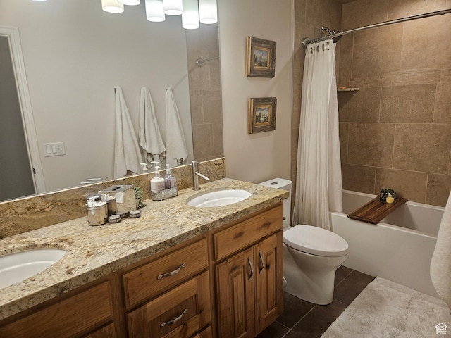 5235 S Spring Clover Dr W, Salt Lake City, UT 84123 - bathroom featuring double vanity, shower / bathtub combination with curtain, toilet, and tile patterned floors