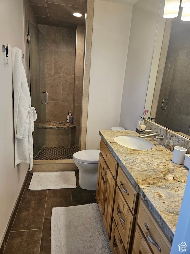5235 S Spring Clover Dr W, Salt Lake City, UT 84123 - bathroom with vanity, a stall shower, toilet, and tile patterned floors
