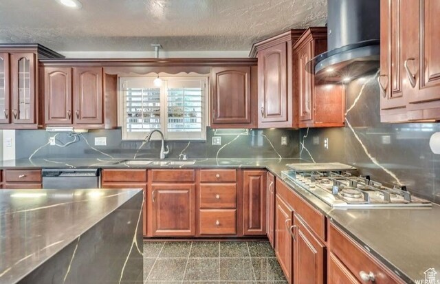 1231 E Tierney Cir, Sandy, UT 84094 - kitchen featuring appliances with stainless steel finishes, a sink, wall chimney exhaust hood, backsplash, and glass insert cabinets