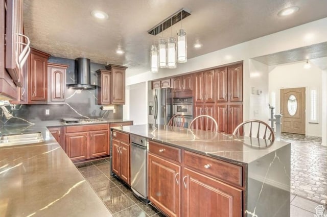 1231 E Tierney Cir, Sandy, UT 84094 - kitchen featuring wall chimney exhaust hood, appliances with stainless steel finishes, a spacious island, backsplash, and decorative light fixtures