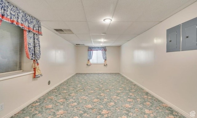 1231 E Tierney Cir, Sandy, UT 84094 - basement with electric panel, carpet flooring, baseboards, and a drop ceiling