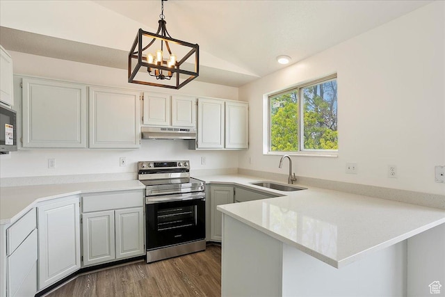 42 W 1980 S, Clearfield, UT 84015 - kitchen featuring stainless steel electric range, a sink, under cabinet range hood, a peninsula, and light countertops