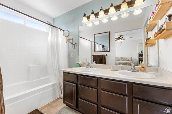 1405 N Durocher Ln W, Tooele, UT 84074 - bathroom with double vanity, a ceiling fan, shower / bath combo, tile patterned floors, and ensuite bath