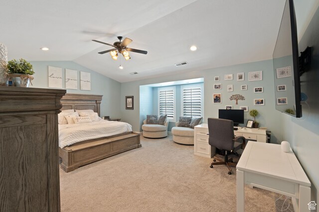117 S 200 E, Kaysville, UT 84037 - bedroom featuring light carpet, an office area, vaulted ceiling, and a ceiling fan