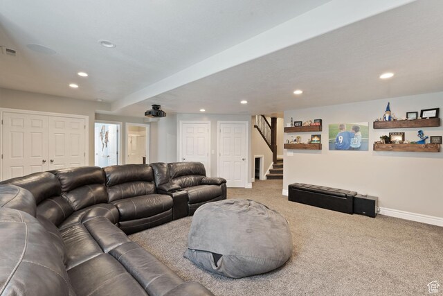 117 S 200 E, Kaysville, UT 84037 - living room with carpet flooring, recessed lighting, stairway, and baseboards