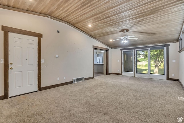 1236 E Violet Dr, Sandy, UT 84094 - unfurnished room featuring lofted ceiling, wood ceiling, carpet, a ceiling fan, and baseboards