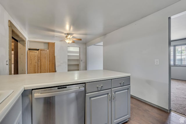 1236 E Violet Dr, Sandy, UT 84094 - kitchen featuring stainless steel dishwasher, gray cabinetry, a ceiling fan, wood finished floors, and light countertops
