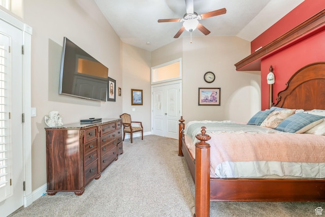 1287 W Bloomington Dr S Unit 7, Bloomington, UT 84790 - bedroom with light colored carpet, vaulted ceiling, and a ceiling fan