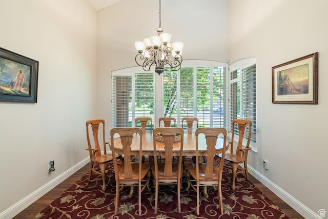 1287 W Bloomington Dr S Unit 7, Bloomington, UT 84790 - dining area with a chandelier, dark wood-style flooring, and high vaulted ceiling