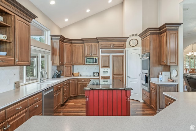 1287 W Bloomington Dr S Unit 7, Bloomington, UT 84790 - kitchen featuring built in appliances, dark wood-type flooring, high vaulted ceiling, open shelves, and backsplash
