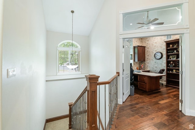 1287 W Bloomington Dr S Unit 7, Bloomington, UT 84790 - hallway with dark wood-style floors, an upstairs landing, high vaulted ceiling, and an office area