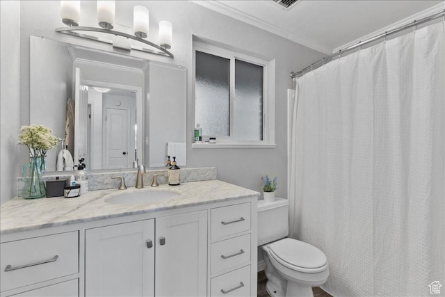 1968 E Licoln Ln S Unit 5A, Holladay, UT 84124 - bathroom featuring crown molding, vanity, toilet, and a shower with curtain