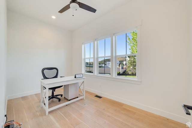 1474 E Rock View Ct, Kamas, UT 84036 - office space featuring baseboards, plenty of natural light, ceiling fan, light wood finished floors, and recessed lighting