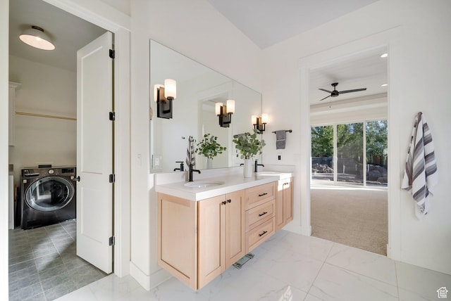 1474 E Rock View Ct, Kamas, UT 84036 - bathroom featuring washer / dryer, a ceiling fan, and double vanity