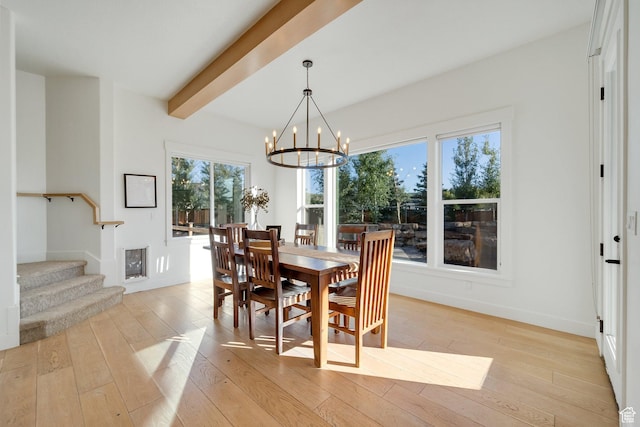 1474 E Rock View Ct, Kamas, UT 84036 - dining room featuring a chandelier, light wood-style floors, stairway, beamed ceiling, and baseboards