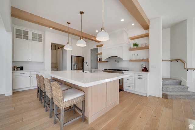 1474 E Rock View Ct, Kamas, UT 84036 - kitchen with open shelves, stainless steel appliances, light wood finished floors, light countertops, and recessed lighting