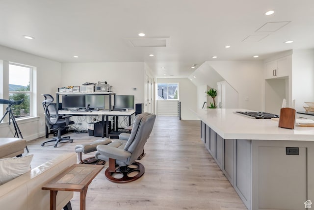 1474 E Rock View Ct, Kamas, UT 84036 - office featuring light wood-type flooring, recessed lighting, attic access, and baseboards