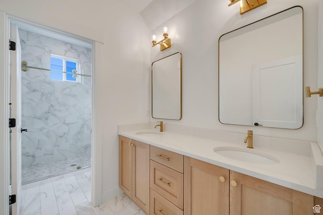 1474 E Rock View Ct, Kamas, UT 84036 - bathroom with a marble finish shower, marble finish floors, double vanity, and baseboards