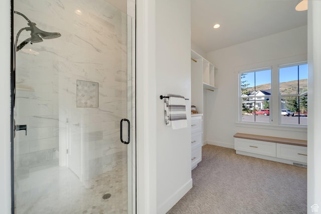 1474 E Rock View Ct, Kamas, UT 84036 - bathroom with a marble finish shower, baseboards, recessed lighting, and vanity