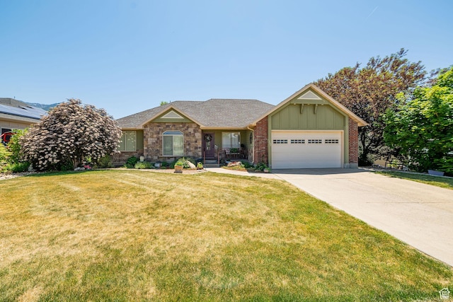 1257 W 3275 S, Perry, UT 84302 - single story home with board and batten siding, a garage, concrete driveway, a front lawn, and brick siding