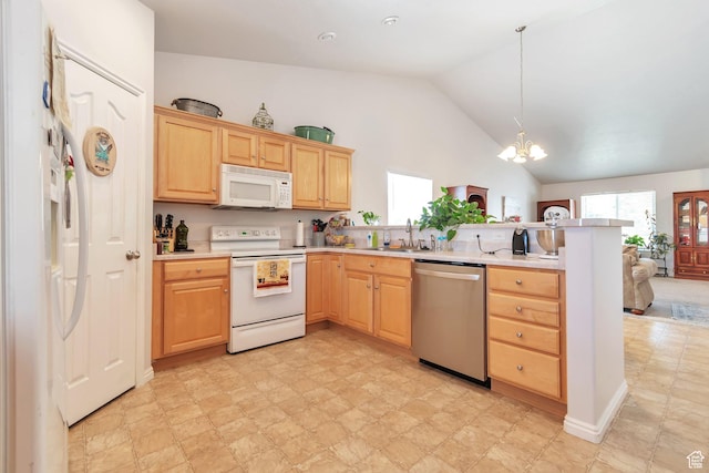 8567 S Cork Oak Dr, West Jordan, UT 84081 - kitchen featuring white appliances, a peninsula, a sink, light brown cabinetry, and a chandelier