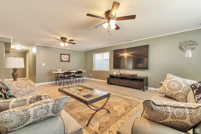 8567 S Cork Oak Dr, West Jordan, UT 84081 - living room with a ceiling fan, wood finished floors, crown molding, and baseboards