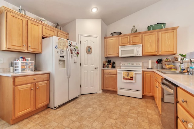 8567 S Cork Oak Dr, West Jordan, UT 84081 - kitchen with white appliances, a sink, light countertops, light brown cabinets, and recessed lighting