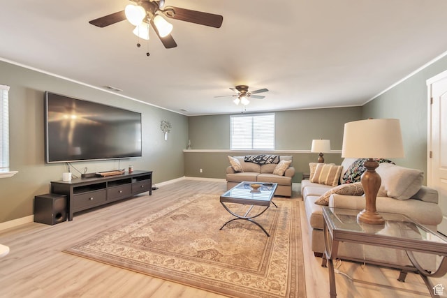 8567 S Cork Oak Dr, West Jordan, UT 84081 - living room featuring ceiling fan, wood finished floors, ornamental molding, and baseboards