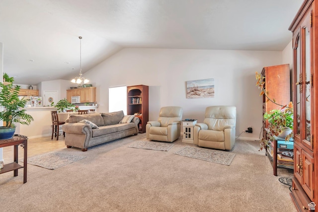 8567 S Cork Oak Dr, West Jordan, UT 84081 - living area featuring light carpet, a chandelier, lofted ceiling, and baseboards