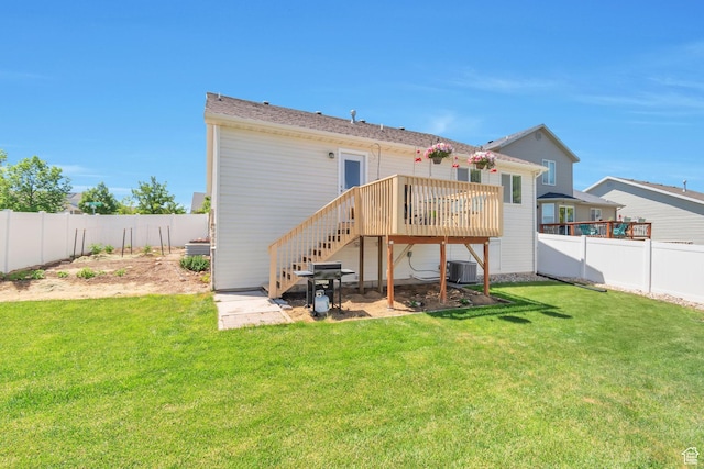 8567 S Cork Oak Dr, West Jordan, UT 84081 - rear view of property featuring a wooden deck, stairway, and central AC unit