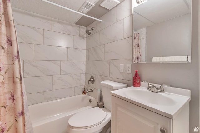 8567 S Cork Oak Dr, West Jordan, UT 84081 - bathroom with shower / tub combo with curtain, toilet, vanity, and tile walls