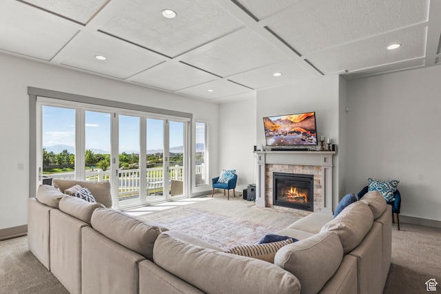 6653 W Dry Creek Ln, Highland, UT 84003 - carpeted living area featuring coffered ceiling, a fireplace, recessed lighting, and baseboards