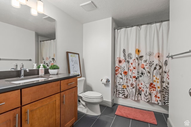 6653 W Dry Creek Ln, Highland, UT 84003 - full bath featuring vanity, toilet, tile patterned flooring, a textured ceiling, and shower / bath combination with curtain