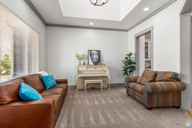 6653 W Dry Creek Ln, Highland, UT 84003 - living area with carpet floors, recessed lighting, a tray ceiling, crown molding, and baseboards