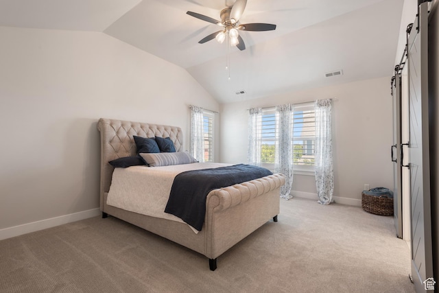 10773 S Beach Comber Way S, Jordan, UT 84009 - bedroom featuring a barn door, vaulted ceiling, baseboards, light carpet, and a ceiling fan