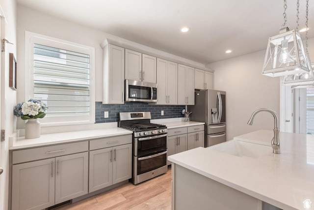 10773 S Beach Comber Way S, Jordan, UT 84009 - kitchen with stainless steel appliances, gray cabinets, backsplash, light countertops, and light wood-type flooring