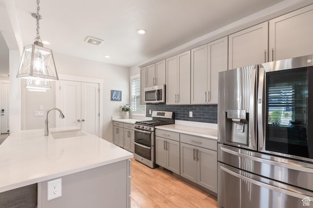 10773 S Beach Comber Way S, Jordan, UT 84009 - kitchen featuring stainless steel appliances, gray cabinetry, a sink, light countertops, and tasteful backsplash