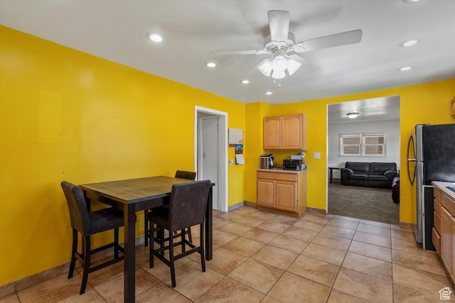 5305 S 2700 W, Roy, UT 84067 - dining area with a ceiling fan, light tile patterned flooring, recessed lighting, baseboards, and light carpet
