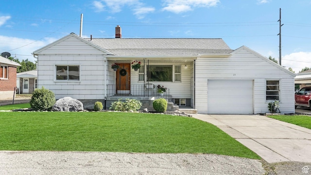 23 W Cottage Ave, Sandy, UT 84070 - view of front of house featuring a garage, driveway, a front lawn, a chimney, and roof with shingles