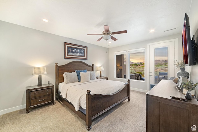 5048 N Escapes Dr, St George, UT 84770 - bedroom featuring light carpet, baseboards, recessed lighting, a ceiling fan, and access to exterior