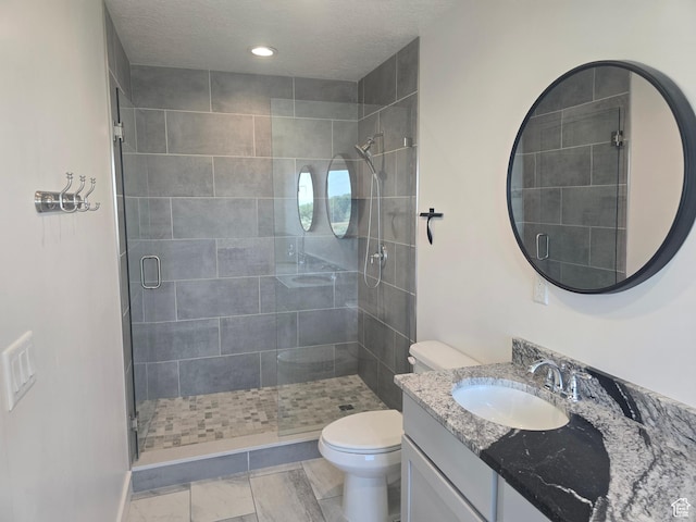 1573 N Woodside Dr, Spanish Fork, UT 84660 - bathroom featuring toilet, a stall shower, vanity, and recessed lighting