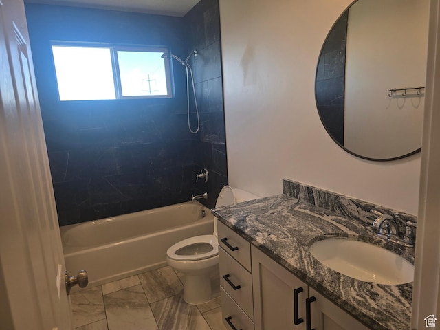1573 N Woodside Dr, Spanish Fork, UT 84660 - bathroom featuring toilet, shower / bath combination, vanity, and marble look tiles